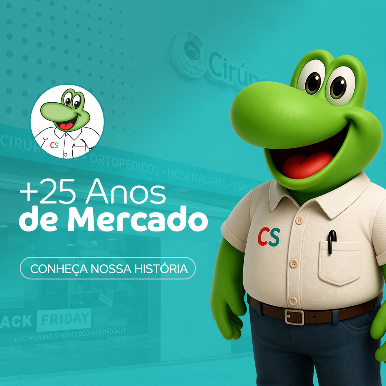 Mascote da Distribuidora Sinete comemorando mais de 25 anos distribuindo produtos hospitalares